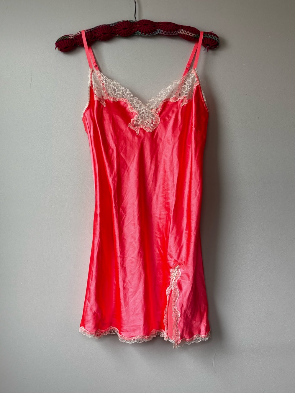 Victoria's Secret Hot Pink Satin Lace-Trim Slip